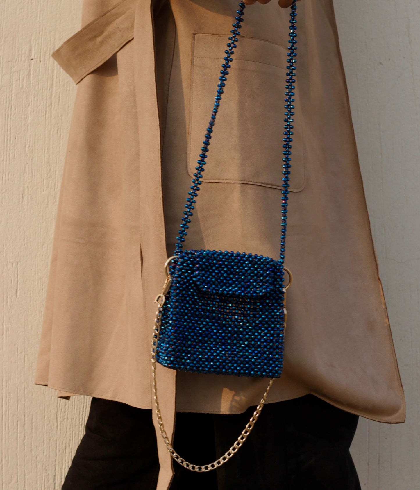 Handmade Blue Beaded Shoulder & Crossbody Bag – Stylish & Versatile